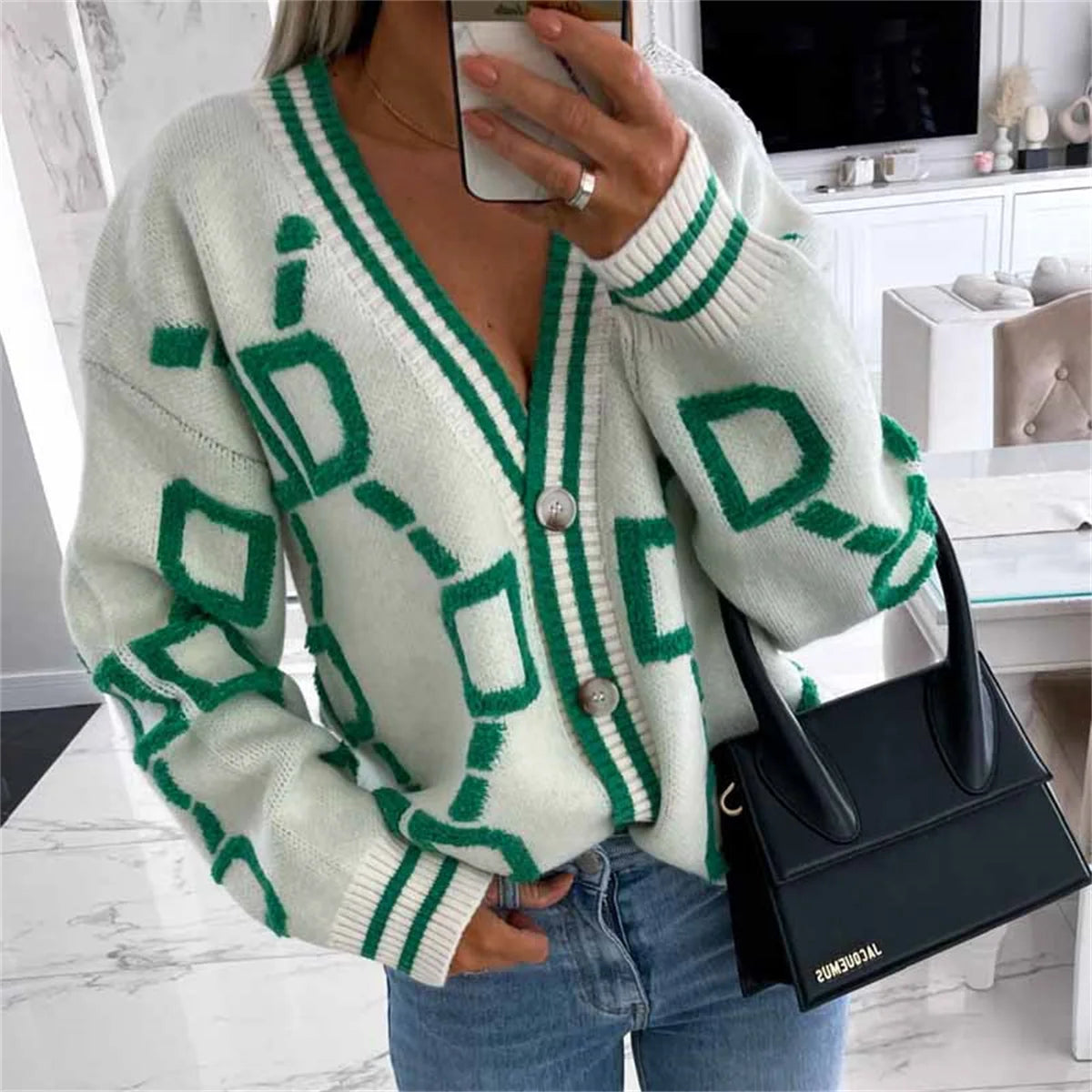 Single Breasted Knitted Cardigan V Neck Women's Outerwear Long Sleeve Sweater  Milanni Fashion Beige One Size 