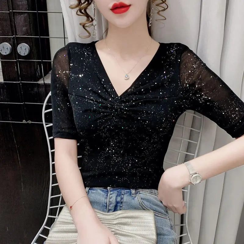 Short-Sleeved Women Mesh T-shirt Summer Shiny Pleated Silk Casual Black Bottoming Top Milanni Fashion