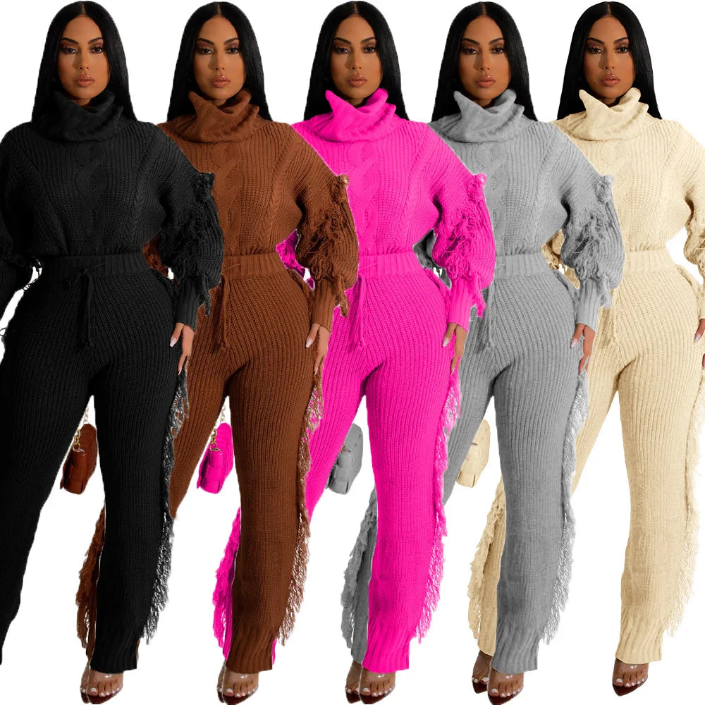 Tassel Sleeve Turtleneck Pullover & Side Tassel Pants Tracksuit Women's Knit Sweater Set  Milanni Fashion   