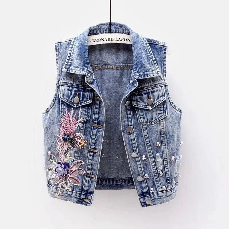 Women’s Embroidered Flower Denim Vest Beaded Waistcoat Sleeveless Slim Short Jacket Milanni Fashion