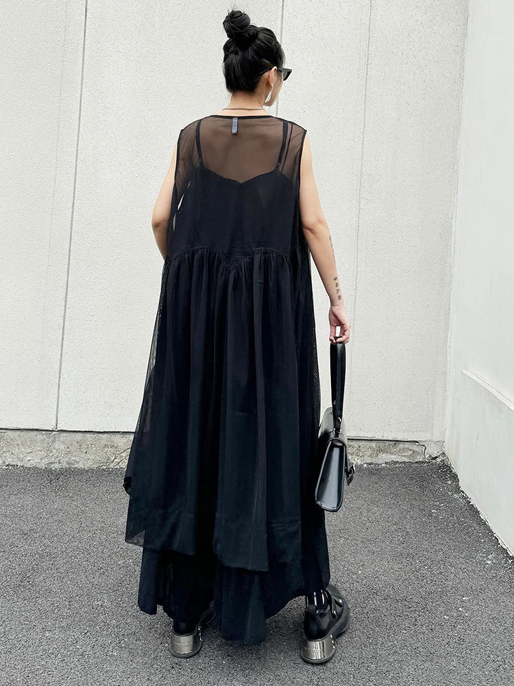 Women Black Mesh Perspective Pleated Big Size Elegant Dress Maxi Dress Milanni Fashion   