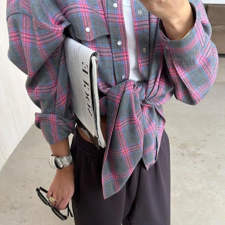 Retro Style Versatile Lapel Loose Fitting Shirt Autumn Plaid Long Sleeved Pocket Women's Shirt Milanni Fashion