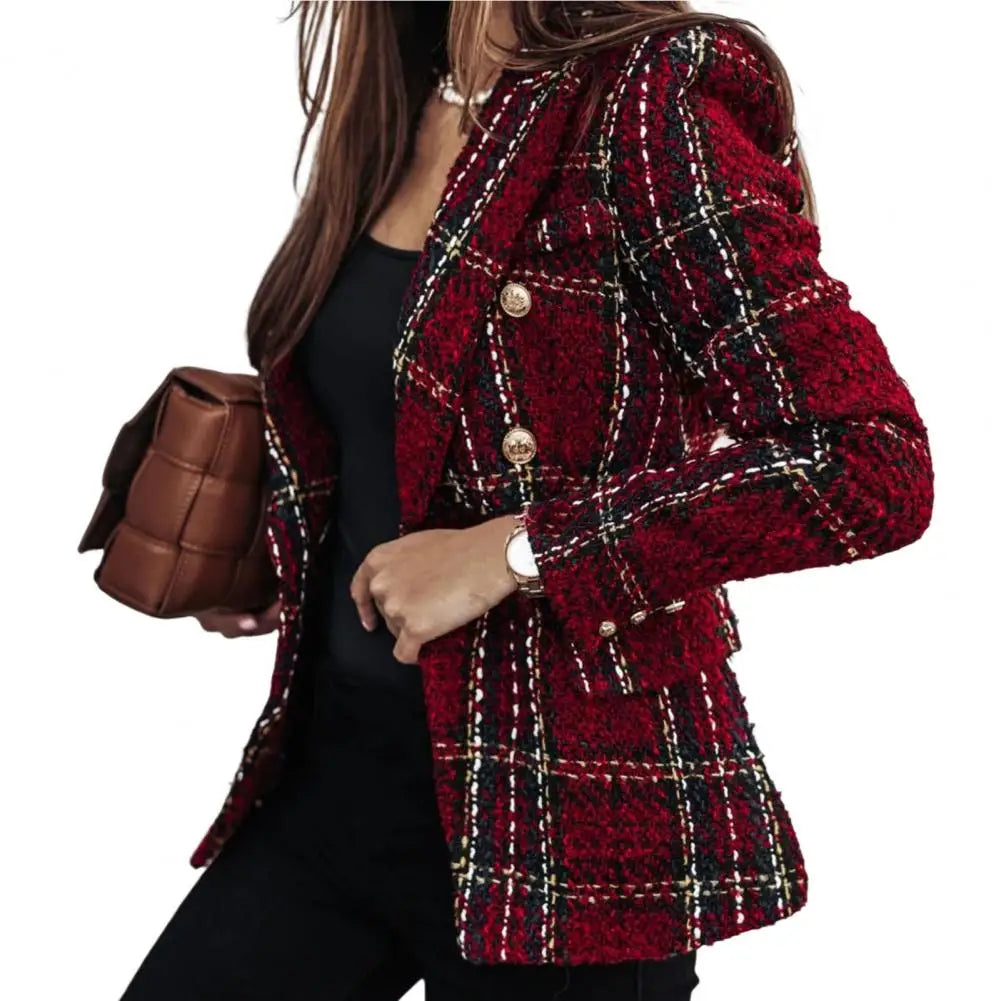 Blazer Plaid Print Lapel Long Sleeves Autumn Blazer Thick Double-Breasted Cardigan Stylish Outerwear Milanni Fashion Red 2XL