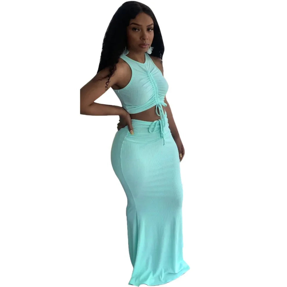 Sleeveless O-Neck Crop Top & Shirred Maxi Skirt Outfit Women's Knit Two Piece Skirt Set Milanni Fashion