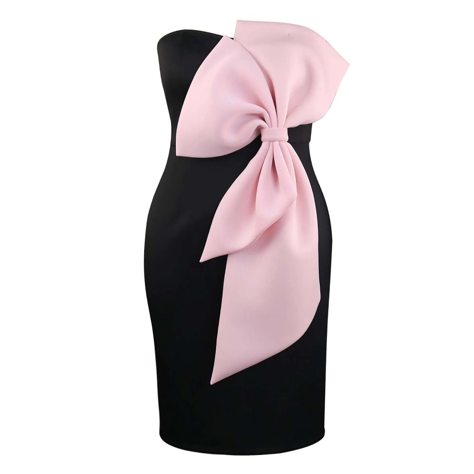 Tube Top Black Pink Big Bow Patchwork Bodycon High Waist Plus Size Midi Gown Elegant Formal Dress Milanni Fashion