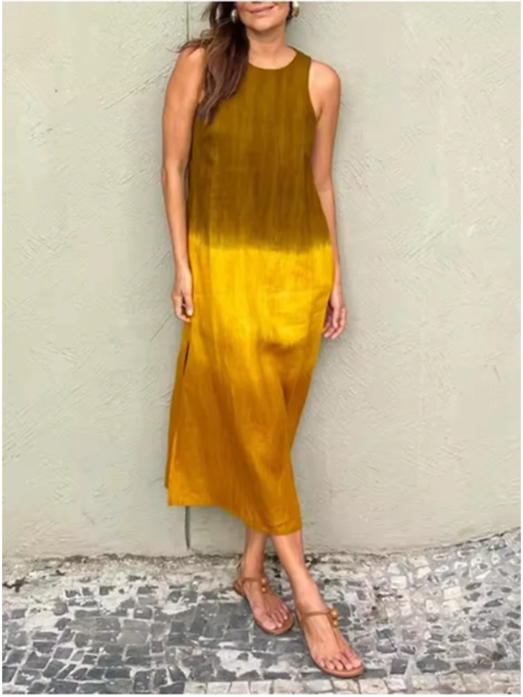 Elegant Gradient Dress Women's o Neck Sleeveless Dress Fashion Loose Vacation Dress Maxi Dress Milanni Fashion Yellow XXXL 