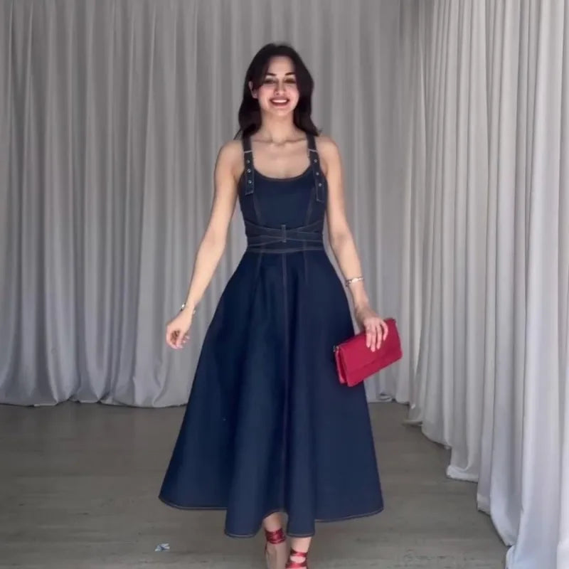 Fashion Camisole Denim Skirt Button Sashes Long Women Frock Simple Temperament Party Dress Maxi Dress Milanni Fashion   