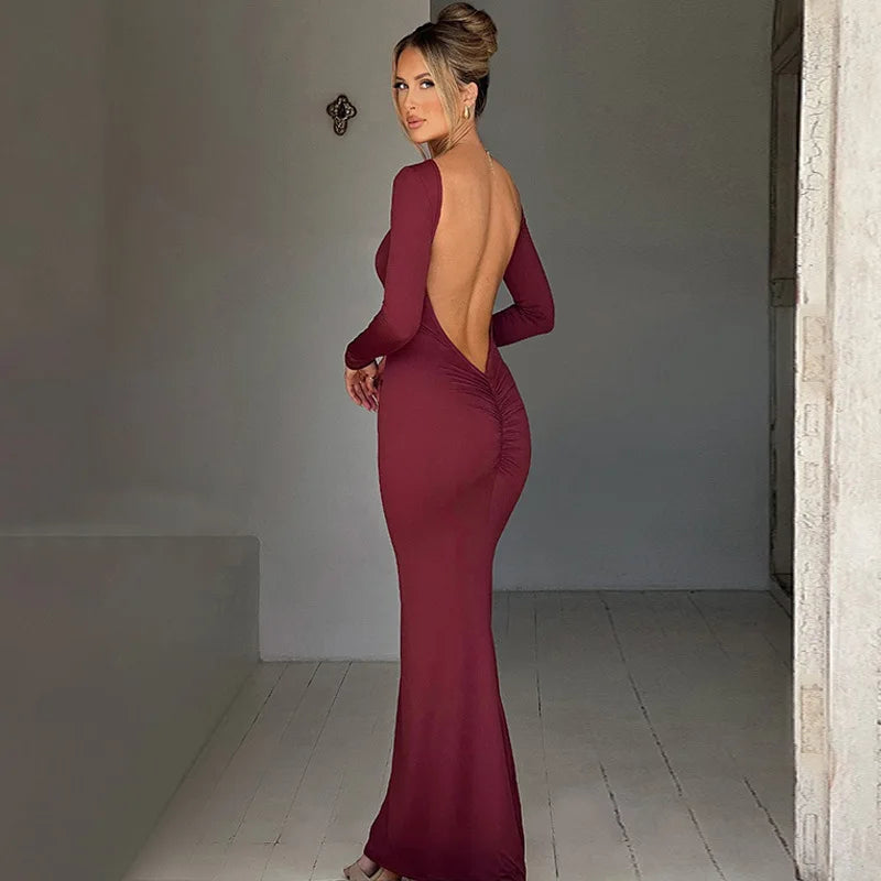 Slim Long-sleeved Backless Sexy Package Hip Dress New Style Dress Midi Dress Milanni Fashion   