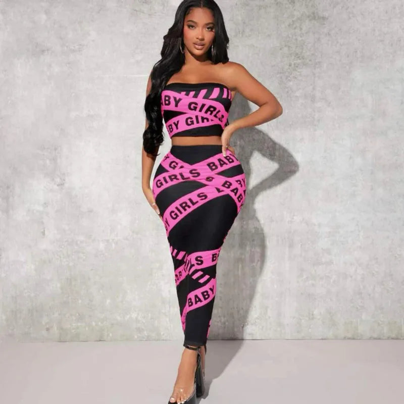 Sexy Strapless Hollow Out Letter Print Top Set High Waist Slim Fit Long Skirt Summer Outfit Milanni Fashion