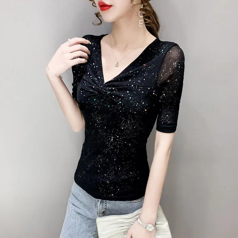 Short-Sleeved Women Mesh T-shirt Summer Shiny Pleated Silk Casual Black Bottoming Top Milanni Fashion