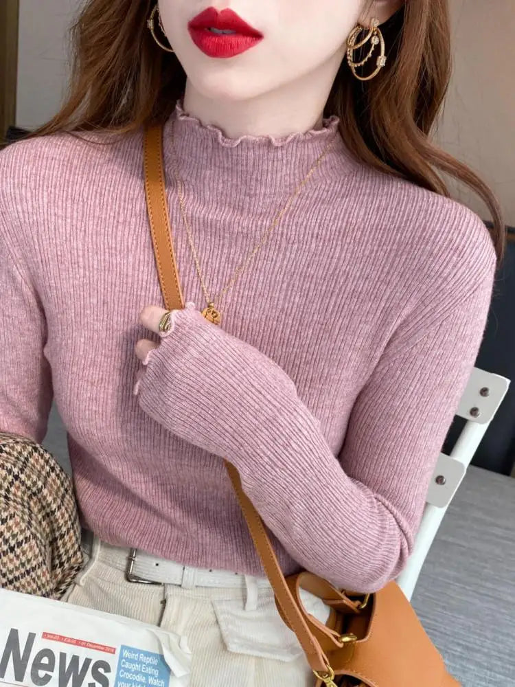 Turtleneck Ruched Women Sweater High Elastic Solid Fall Winter Fashion Sweater for Casual Wear Milanni Fashion