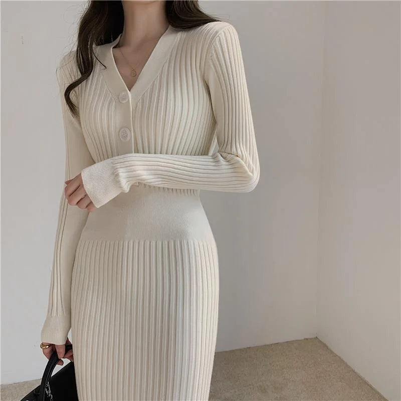 Winter Slim Women Long Dress V Neck Sexy High Waist Knitted Long Sleeve Solid Color Outwear Dress  Milanni Fashion Beige S 