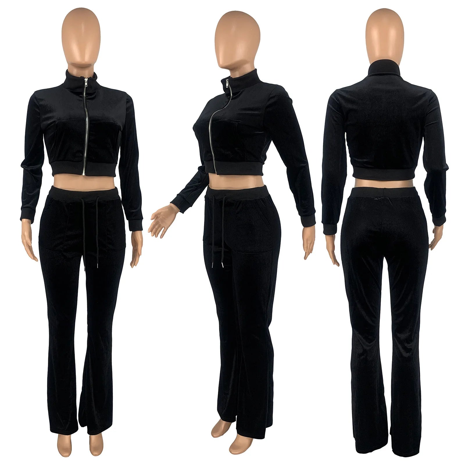 Women's Velour Tracksuit Set Solid Color Jogger Flare Pants & Top Two Piece for Winter Milanni Fashion