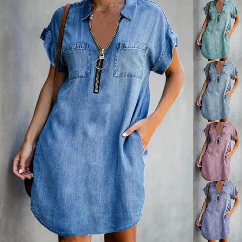 Short Sleeve Turn Down Collar Zipper Mini Dress Digital Print Imitation Denim Casual Women Dress Milanni Fashion