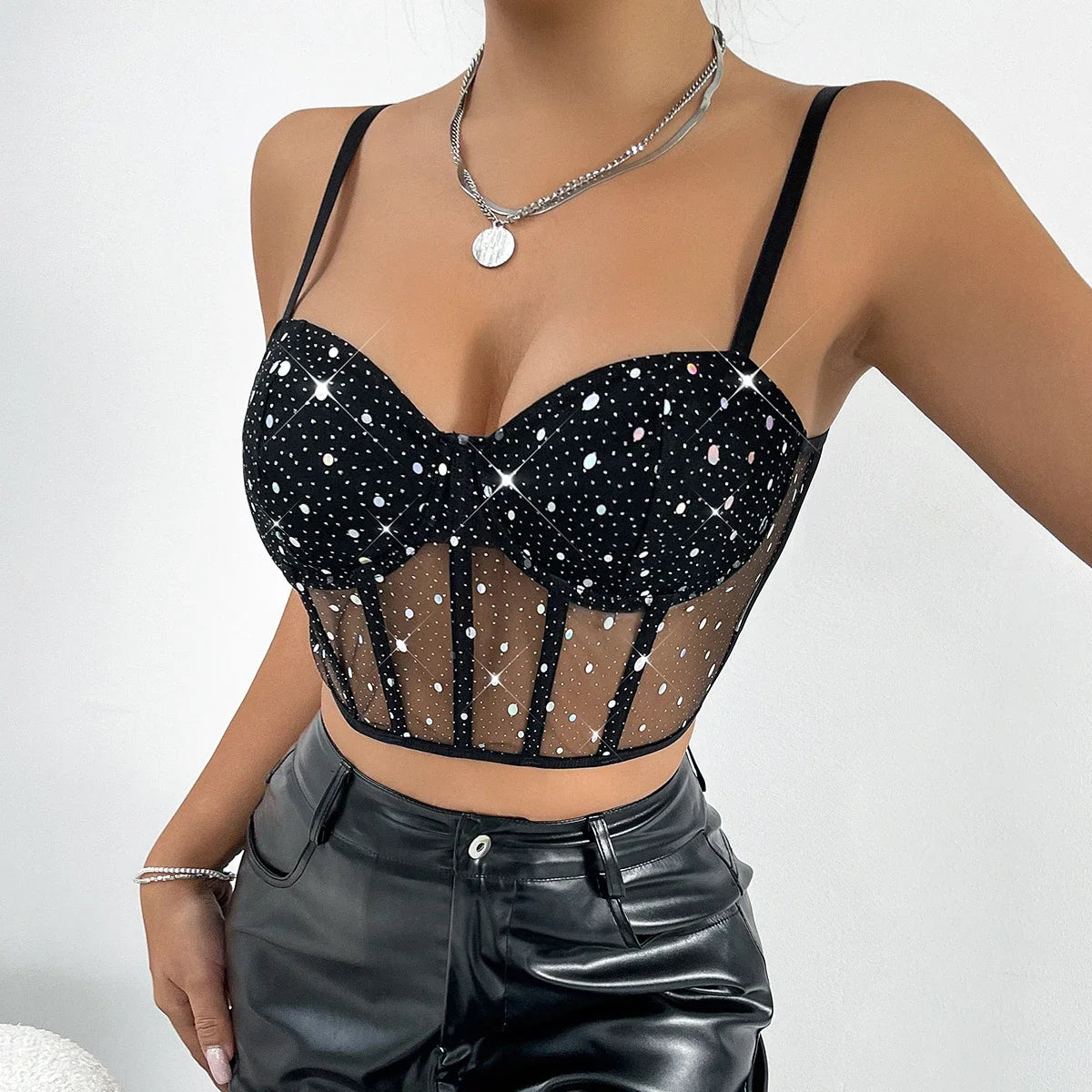 Mesh See Through Backless Sling Crop Top, Nightclub Glitter Sequin Sheer Halter Camisole  Milanni Fashion   