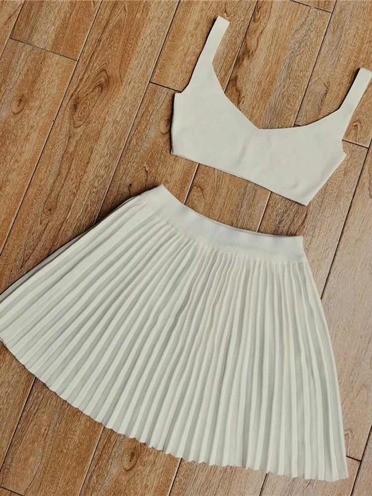 Sexy Sleeveless Tank Top and Mini Pleated Skirt Knit Set Women Two Piece Beach Outfit Party Dress Suit Milanni Fashion