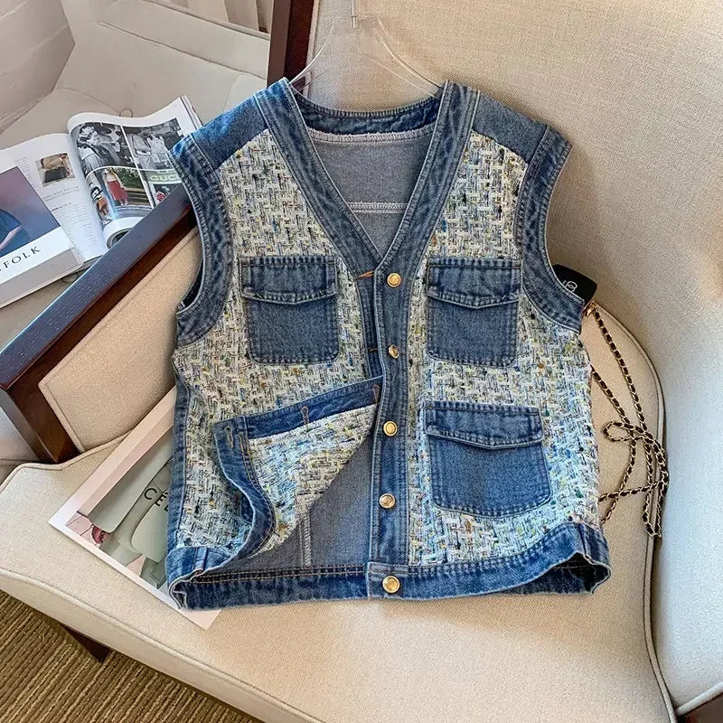 Denim Vest Sleeveless Outer with Foreign Style Top Jacket Trendy and Fashionable for Casual Outfits Milanni Fashion