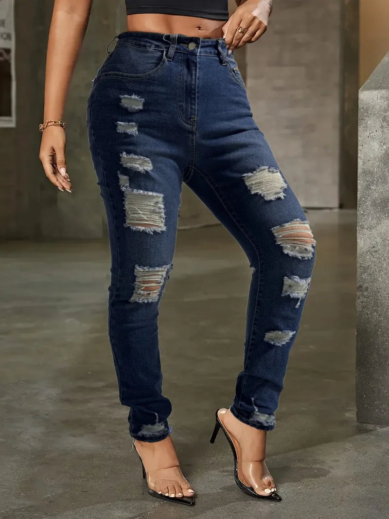 Dark Blue Casual Ripped Skinny Jeans Slim Fit with Pockets Women's Fashionable Denim Pants Milanni Fashion