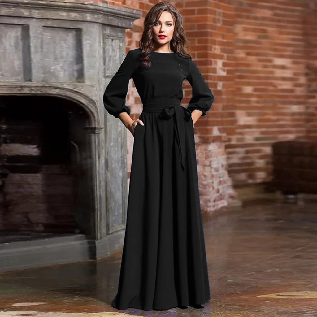 Women's Lantern Sleeve Long Party Dress Vintage Bow Tie Maxi Dress Maxi Dress Milanni Fashion Black 5XL CN