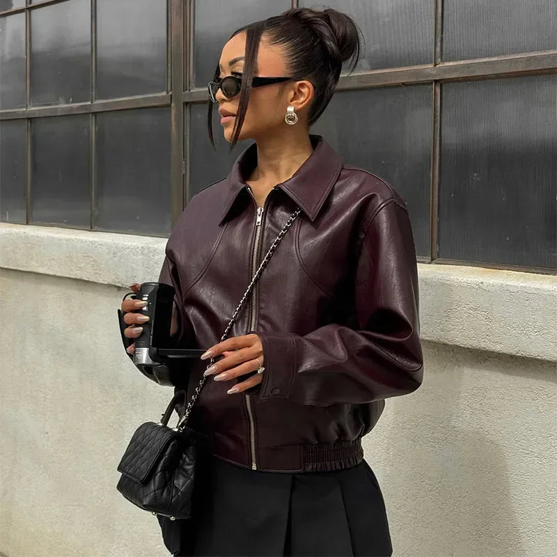 Chic Faux-Leather Bomber Jacket Warm Lapel Crop Coat with Zipper Autumn Fashion Milanni Fashion