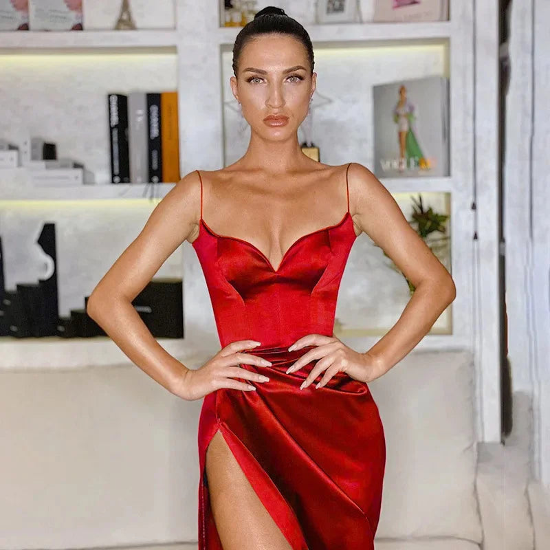 Sexy V-neck High Split Bodycon Dress Fashion Satin Elegant Women Sleeveless Long Dress Long Dress Milanni Fashion   