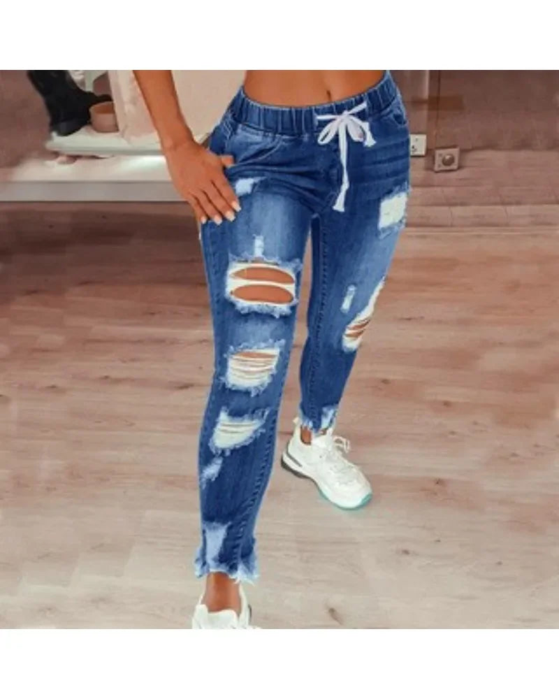 Plus Size Slim Fit Lace-Up Mid Waist Denim Jeans Women's Perforated Elastic Feet Tight Waist Pants Milanni Fashion