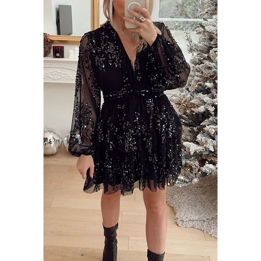 Lace Sequin Midi Dress Sexy Deep V Neck Long Sleeve Elegant Party Club Dress for Women Milanni Fashion Black S