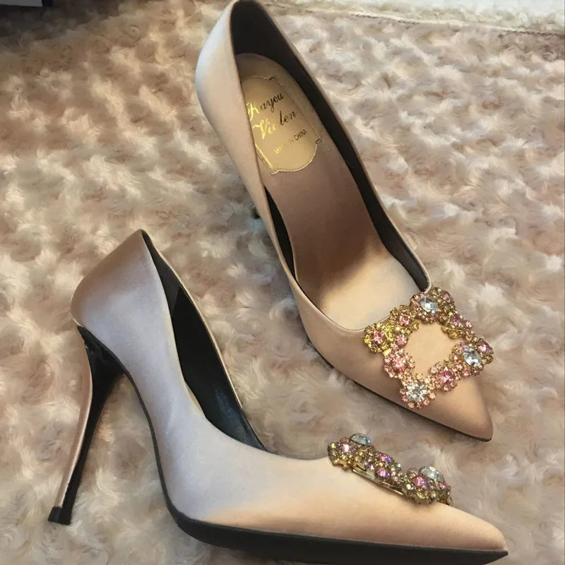 Luxury Rhinestone Pointed Toe Stiletto Heel Women Satin Designer Shoes Elegant Crystal Wedding Pumps Milanni Fashion