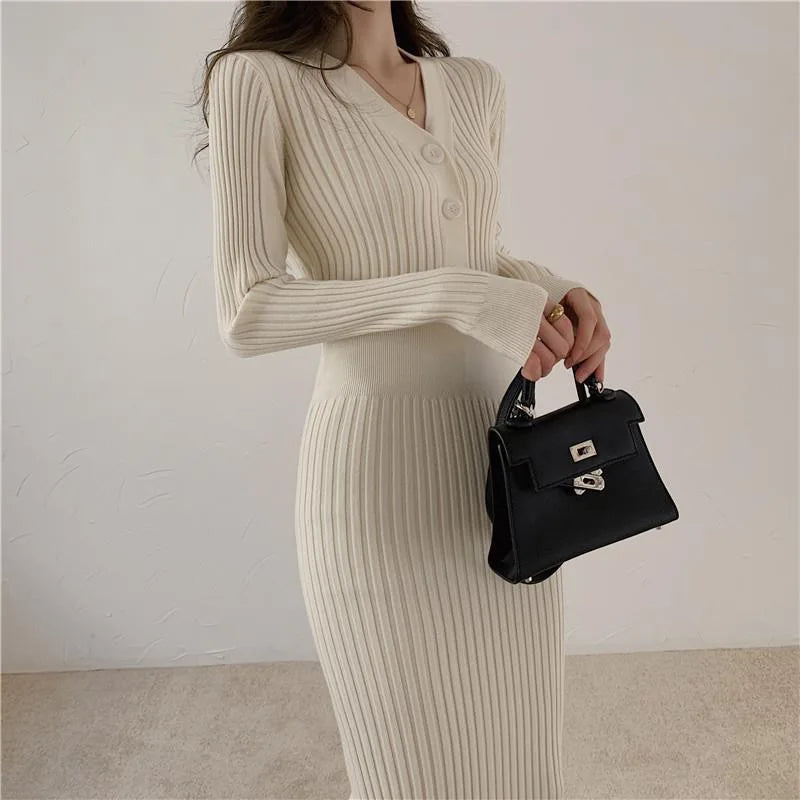 Winter Slim Women Long Dress V Neck Sexy High Waist Knitted Long Sleeve Solid Color Outwear Dress  Milanni Fashion   