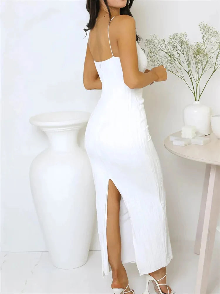 Sexy Women Long Dress Ruched Sleeveless Slim Solid Party Back Split Dress Midi Dress Milanni Fashion   