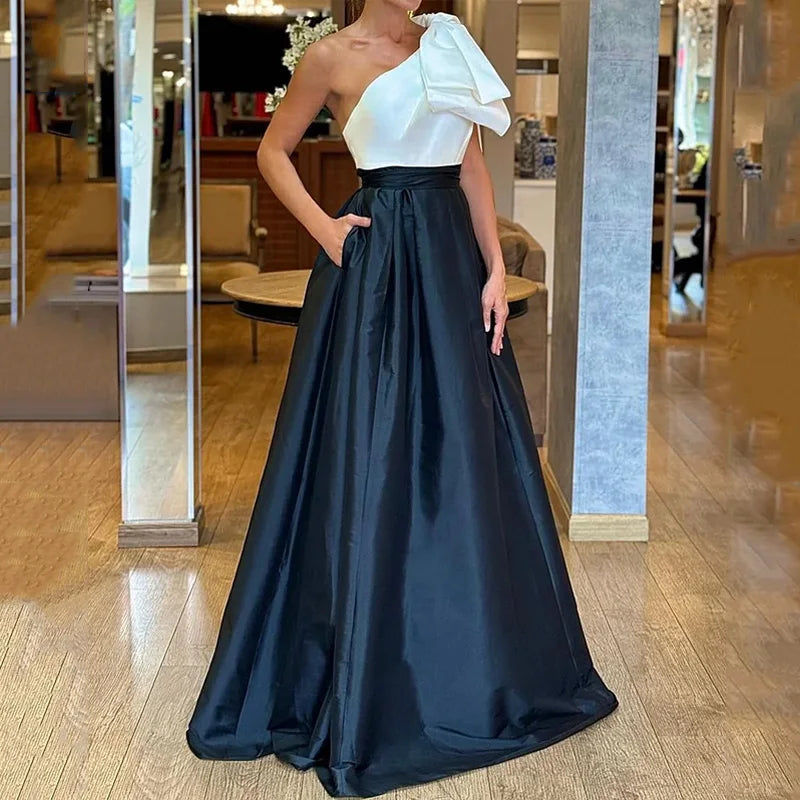 One Shoulder Solid Sleeveless With Bow Nipped Waist Slit Evening Party Long Dress Maxi Dress Milanni Fashion white and black L 