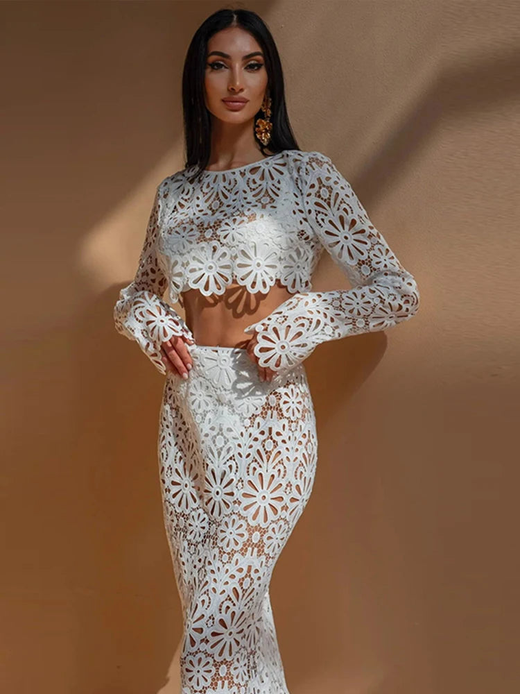 Elegant See Through Crochet Women Set Hallow Out Flare Long Sleeve Top Slim Empire Hip Package Skirt Set  Milanni Fashion   