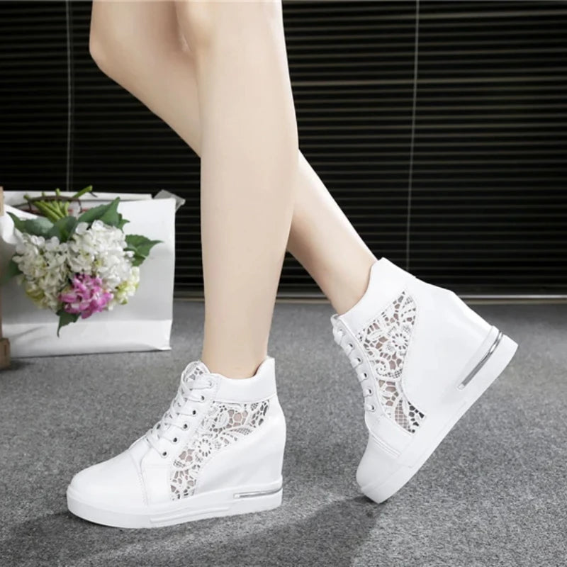 Leather High-Heeled Wedge Platform Sports Shoes Rubber Cloth Height Increase Silver Women Footwear Milanni Fashion