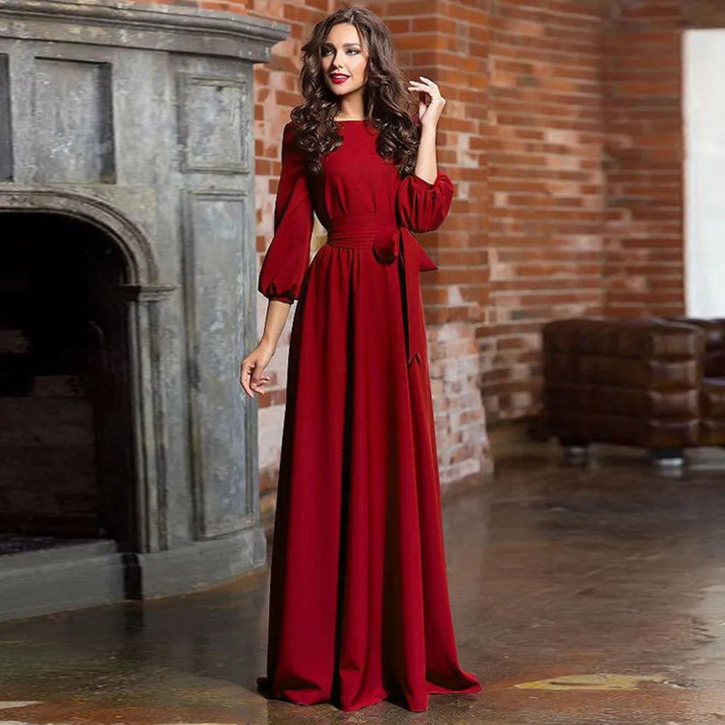 Women's Lantern Sleeve Long Party Dress Vintage Bow Tie Maxi Dress Maxi Dress Milanni Fashion Wine M CN