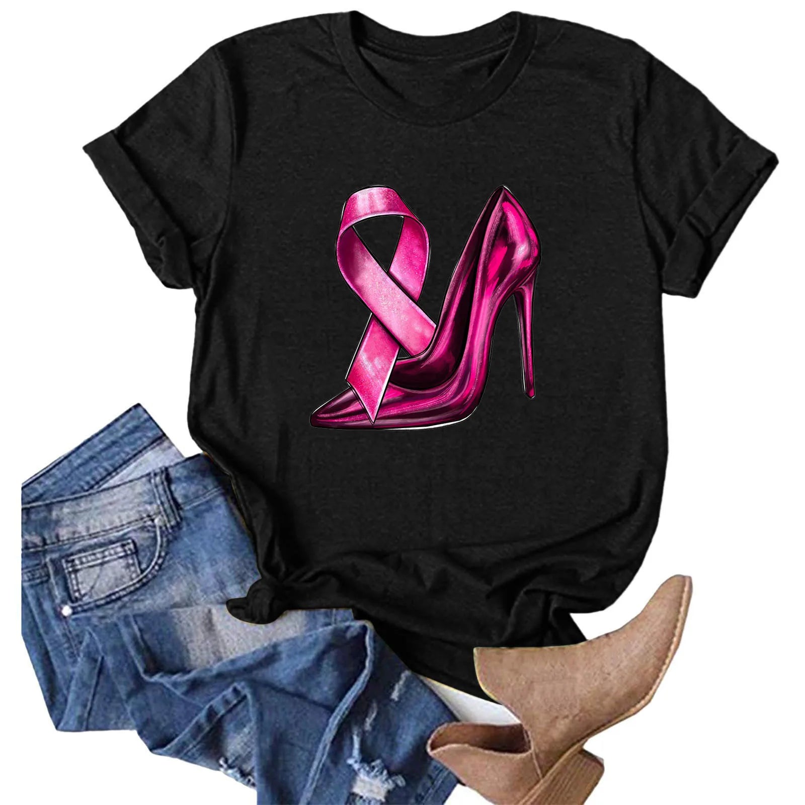 Short Sleeve Breast Cancer Awareness Women’s Tee Pink Ribbon Graphic O-Neck T-Shirt for Support Milanni Fashion