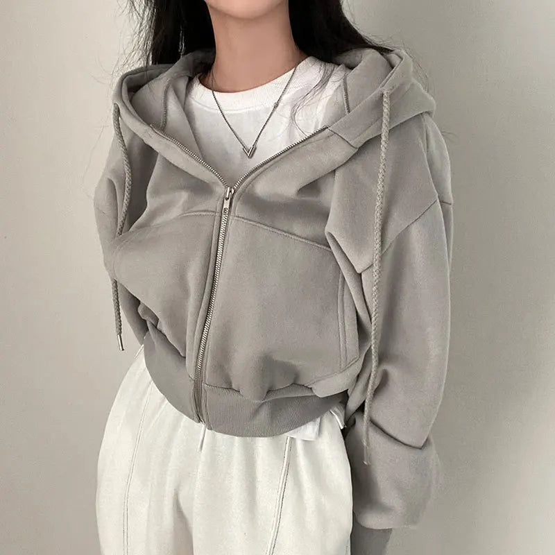 Casual Hood Sweatshirt Women Y2K Zip Up Hoodies Solid Harajuku Oversized Crop Top Loose Jacket Coat Milanni Fashion