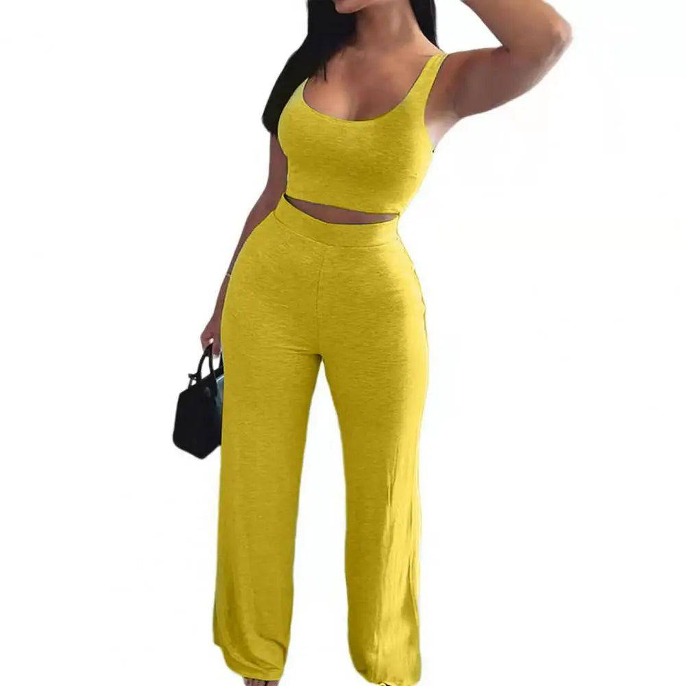 Tank Crop Top & Straight Pants Lounge Wear Matching Ensemble Outfit Women’s Two-Piece Set Milanni Fashion Yellow XL