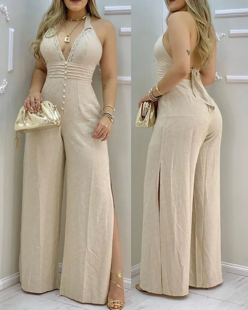 Lace Trim Buttoned Backless Slit Jumpsuit Sexy Trendy Fashionable Women's Slim Fit Evening Outfit Milanni Fashion