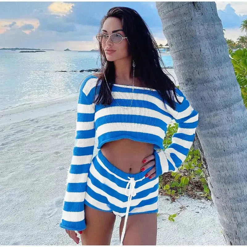 Knit Stripe Crop Top and Shorts Set Women Casual Long Sleeve Lace-Up Beach Holiday Outfit Two-Piece Suit Milanni Fashion