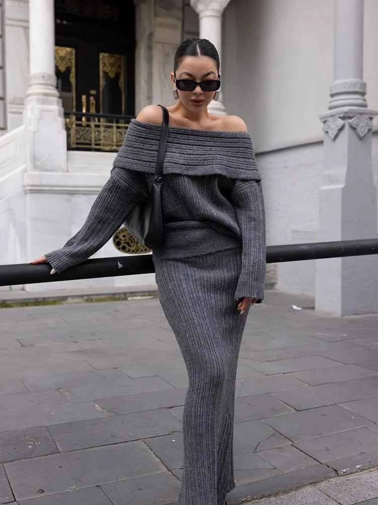 Off Shoulder Sweater Pullover Top Slim Skirt Suit Fashion Office Outfit Winter Knitted Two Piece Set for Women Milanni Fashion