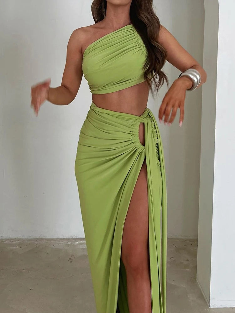 Women 2 Piece Set Summer Irregular Backless Tank Tops+Wrapped Split Skirts Matching Clubwear  Milanni Fashion Green S 