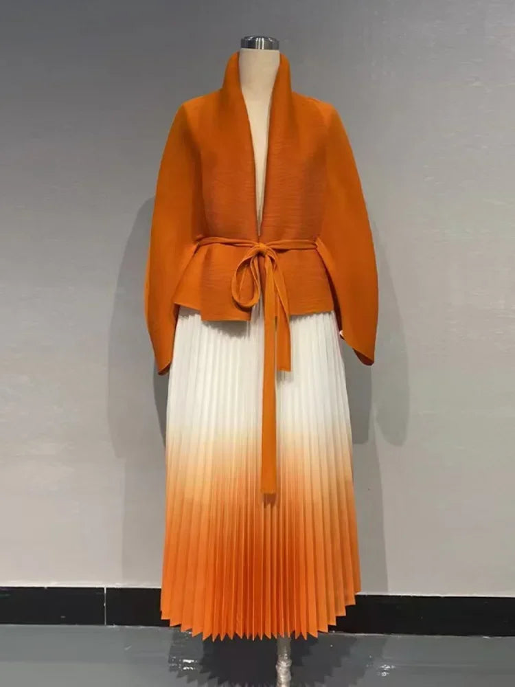 Gradient Pleated Fashion Two Piece Set Women Belt Batwing Sleeves Top & A-line Long Skirt Dress Milanni Fashion Orange One Size