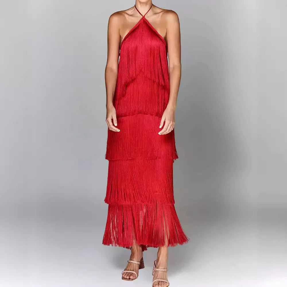 Fashion Neck Fringed Backless Slit Dress Elegant Stylish Sleeveless Gown Perfect For Events Maxi Dress Milanni Fashion   