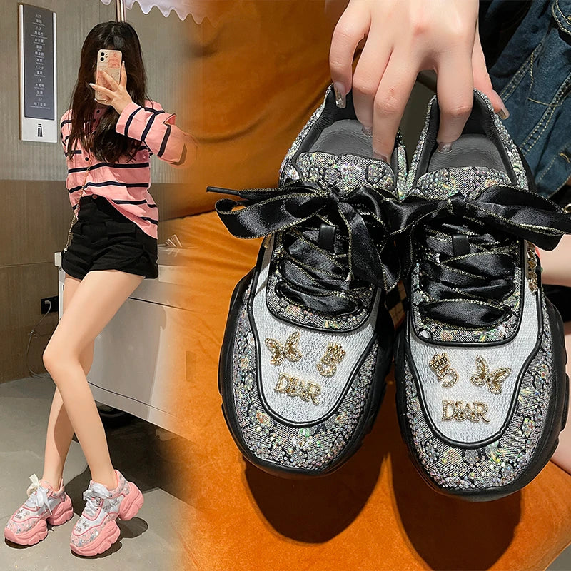 Rhinestone Sneaker Breathable Luxury Designer Casual Shoes with Thick Bottoms for Women Fashion Milanni Fashion