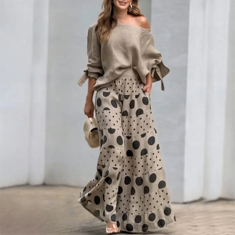 Solid Color Nine-quarter Sleeve Slant Collar T-Shirt Women Two Piece Set Dot Prints Multi-layer Splice Cake Skirt Suit Milanni Fashion