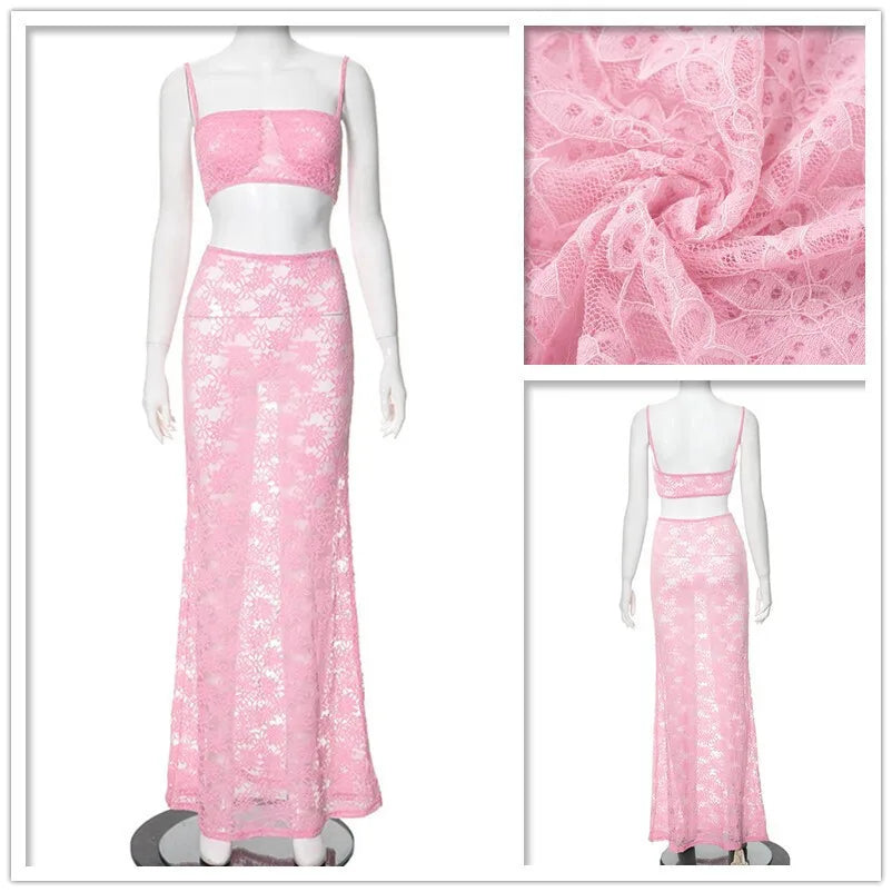 Lace Perspective Sexy Party Two Piece Set Strapless Crop Top and Midi Skirt Set Elegant Outfit Milanni Fashion