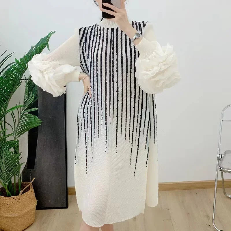 Pleats Pleated Dress Printed Commuter Midi Skirt 2024 Spring and Fall New Collar Hand-shaken Flower Large Size Women's Dress  Milanni Fashion White One Size 