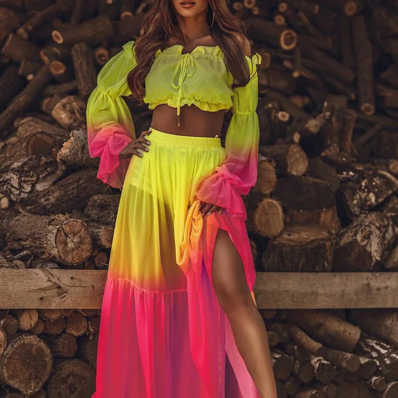 Autumn Chic Sexy Off-Shoulder Ruffle Blouse & Slit Long Skirt Two-Piece Set Vintage Colorful Print  Milanni Fashion   