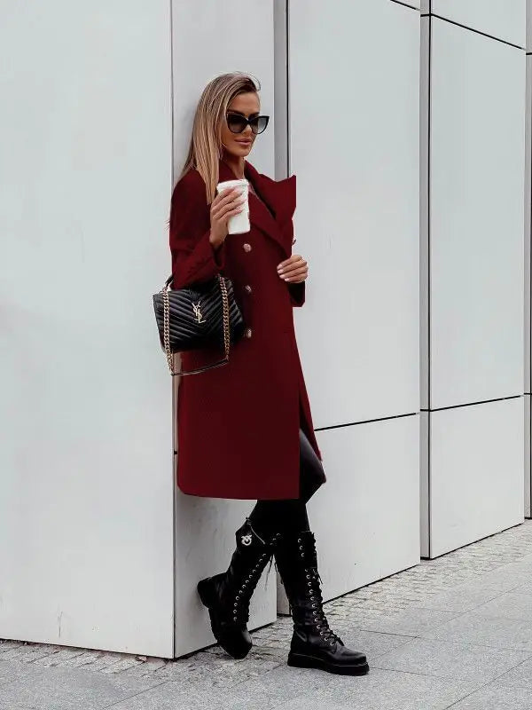 Autumn and Winter Fashionable Double-breasted Mid-length Woolen Coat for Women  Milanni Fashion Burgundy S 