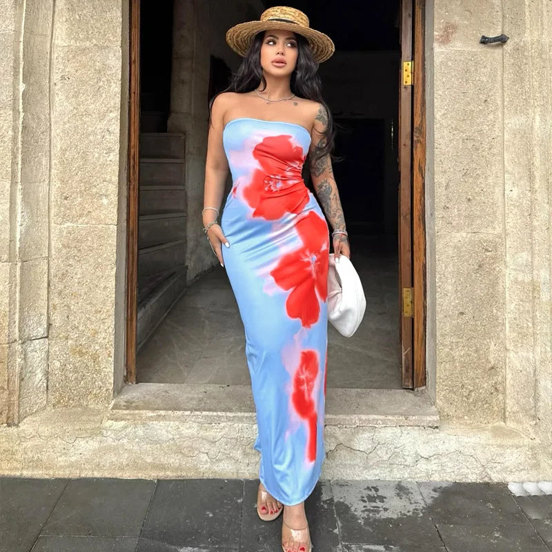 Sexy Strapless Print Tube Maxi Dress Women Off Shoulder Backless Stretch Long Sundress Maxi Dress Milanni Fashion   